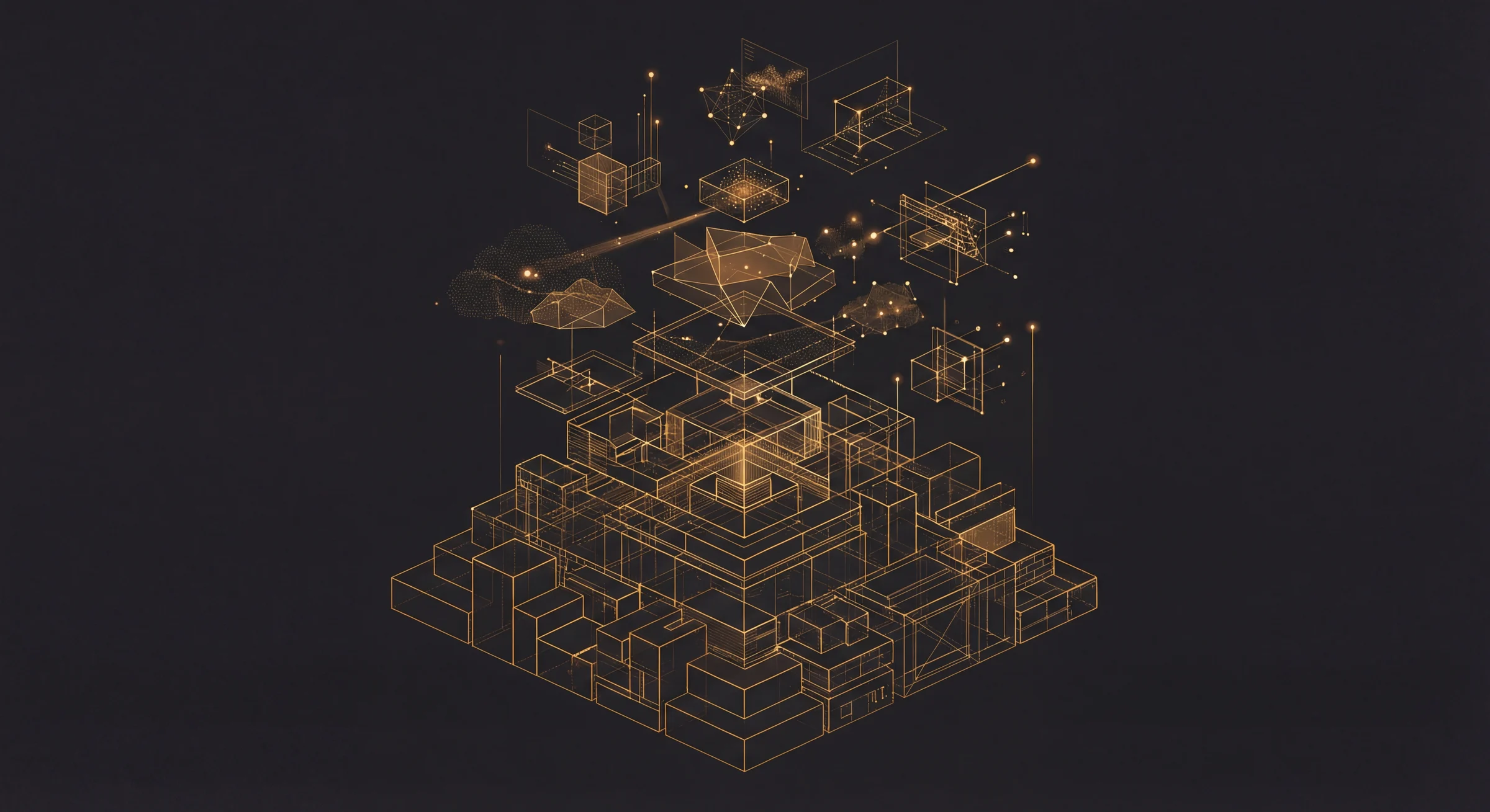 A glowing architectural atlas of stacked systems, markets, and data layers suspended over a dark field.