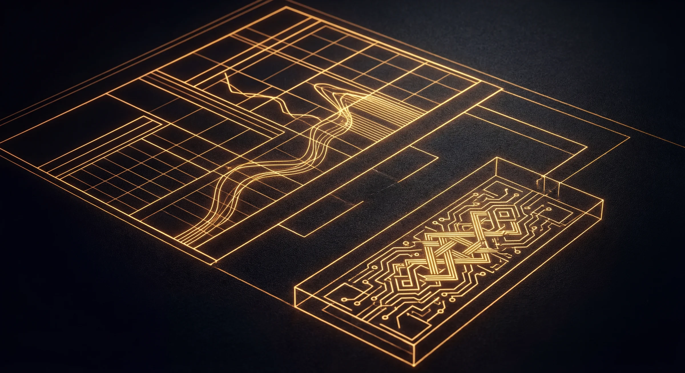 A gold-line plan of terrain, systems, and circuit paths where an action crosses an institutional boundary.