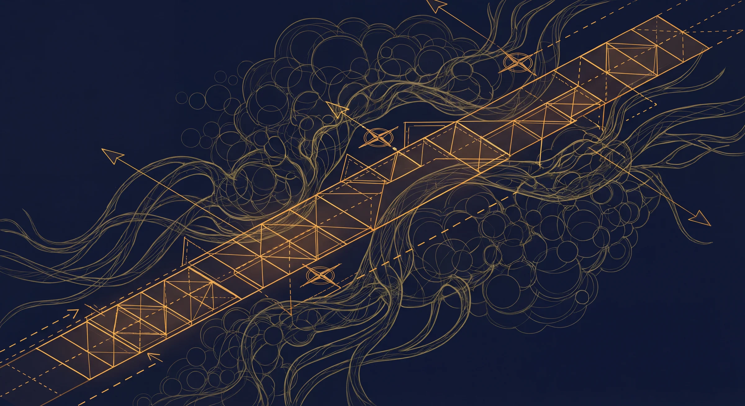Gold vectors cutting through tangled circular paths, suggesting a clean instruction moving through messy context.