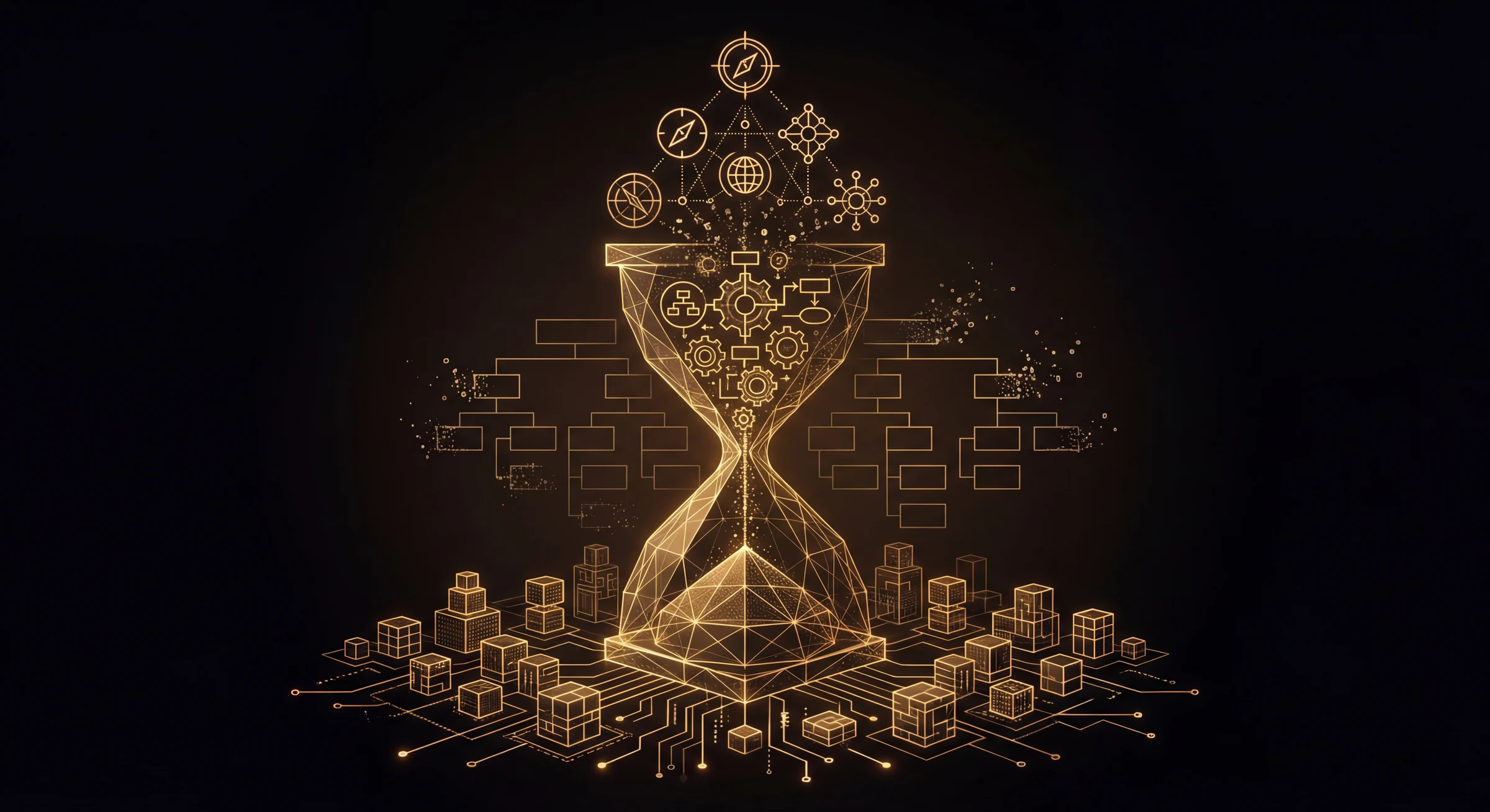 An hourglass of gears, institutions, and market signals narrowing into a glowing coordination layer.