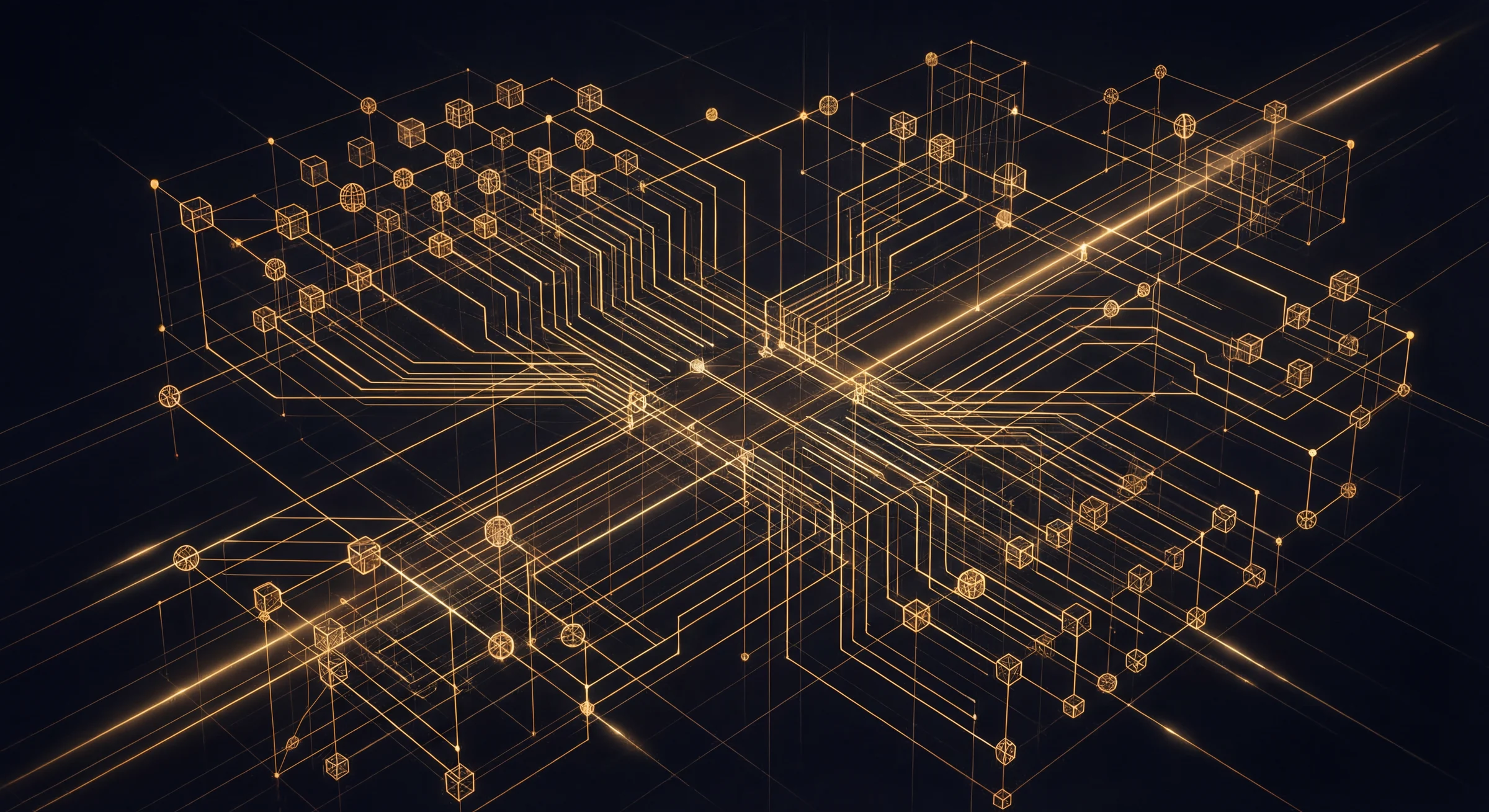 A dense network of glowing nodes and lines where signals branch and converge across invisible dependency chains.