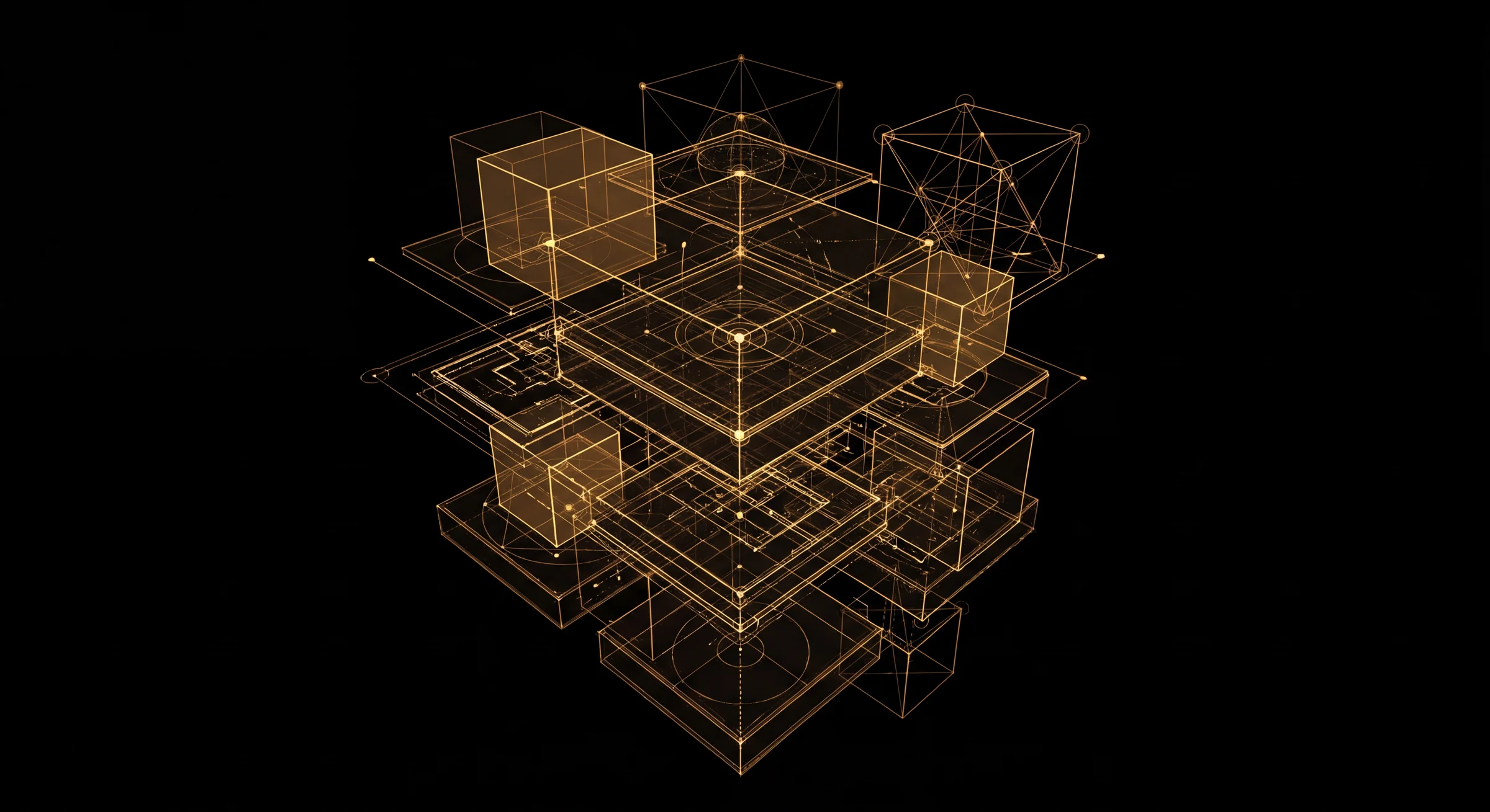 Transparent stacked geometric volumes connected by gold lines, forming an unanchored capability structure in space.