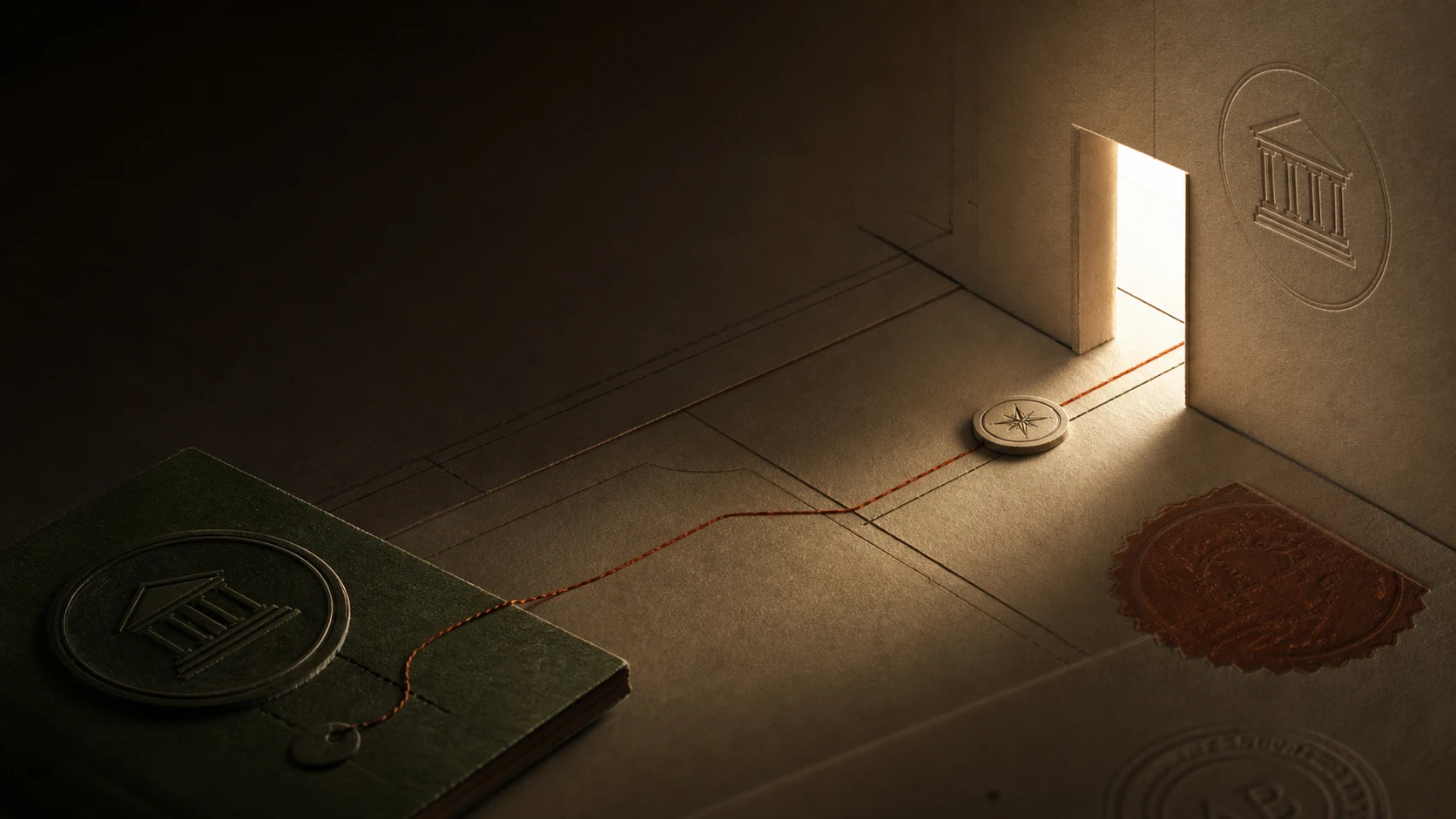 A cinematic trust ceremony image showing a mandate token crossing from a principal artifact toward a permission boundary.